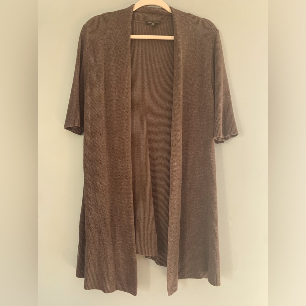 Eileen Fisher Knit Cardigan Sweater Size L Mocha Brown Tan 50% Cotton Li…